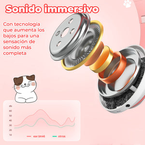 Hermosos Audífonos Diadema Gato Bluetooth 5.0 con Divertidas Luces Led