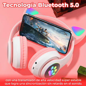 Hermosos Audífonos Diadema Gato Bluetooth 5.0 con Divertidas Luces Led