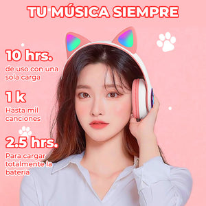 Hermosos Audífonos Diadema Gato Bluetooth 5.0 con Divertidas Luces Led