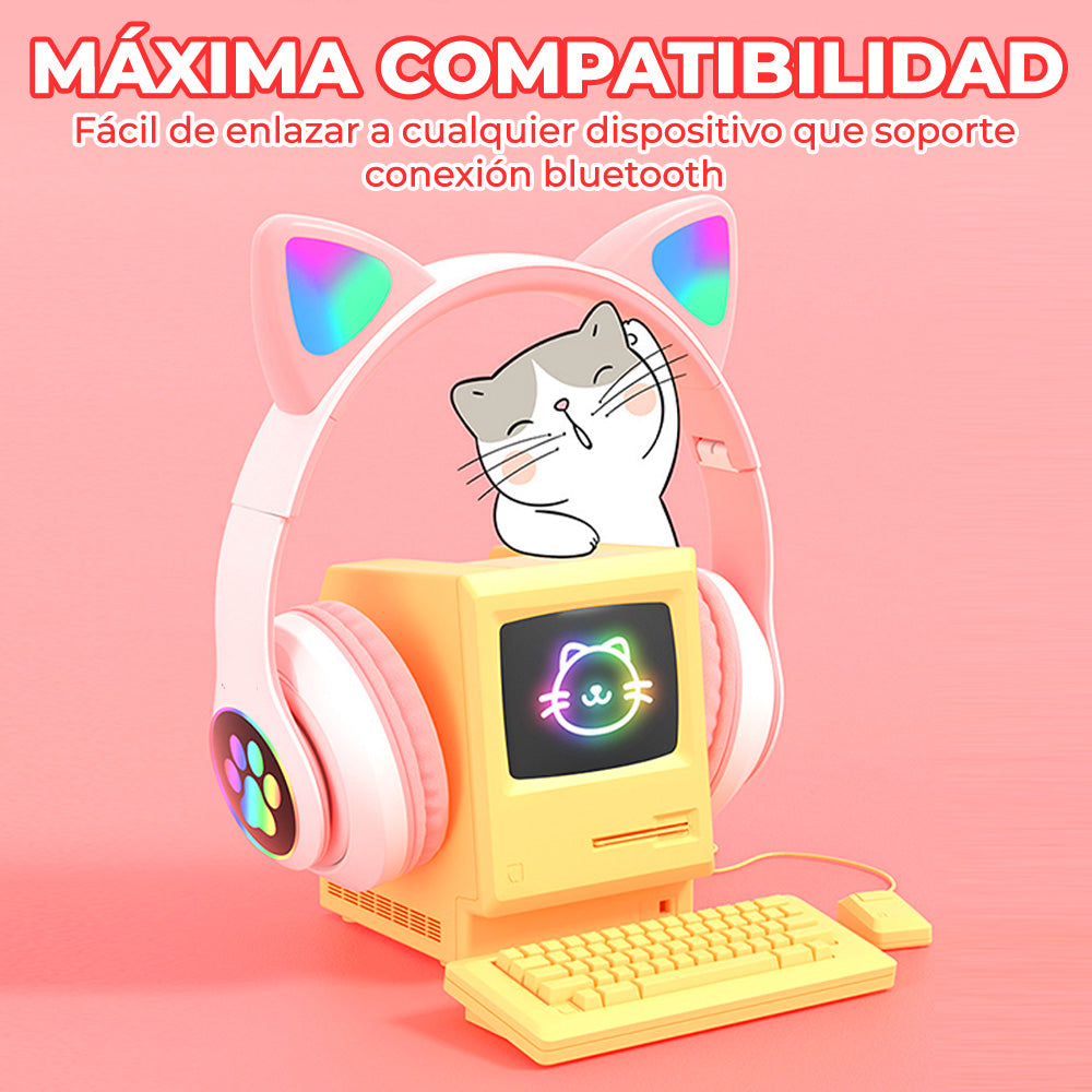 Hermosos Audífonos Diadema Gato Bluetooth 5.0 con Divertidas Luces Led