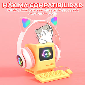 Hermosos Audífonos Diadema Gato Bluetooth 5.0 con Divertidas Luces Led