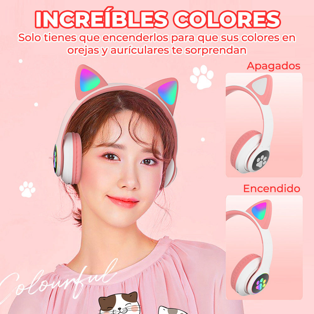 Hermosos Audífonos Diadema Gato Bluetooth 5.0 con Divertidas Luces Led