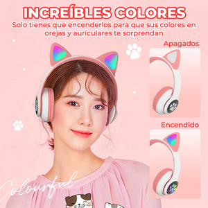Hermosos Audífonos Diadema Gato Bluetooth 5.0 con Divertidas Luces Led